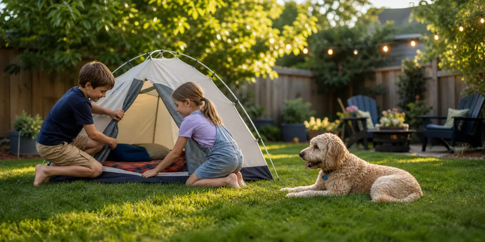 Dogs and family yard time near Hanlon Creek