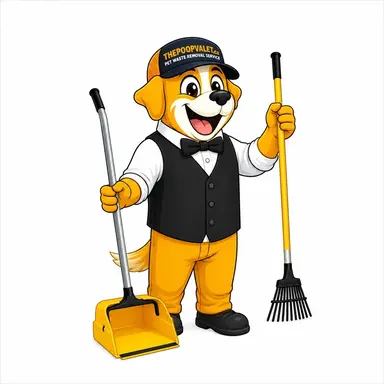 The Poop Valet mascot cleaning the yard with professional tools
