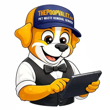 The Poop Valet mascot checking a tablet to confirm your service details